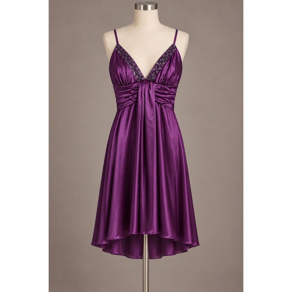 Jodi Kristopher Y2K Purple Satin Beaded Sequin Empire Waist Maxi Dress